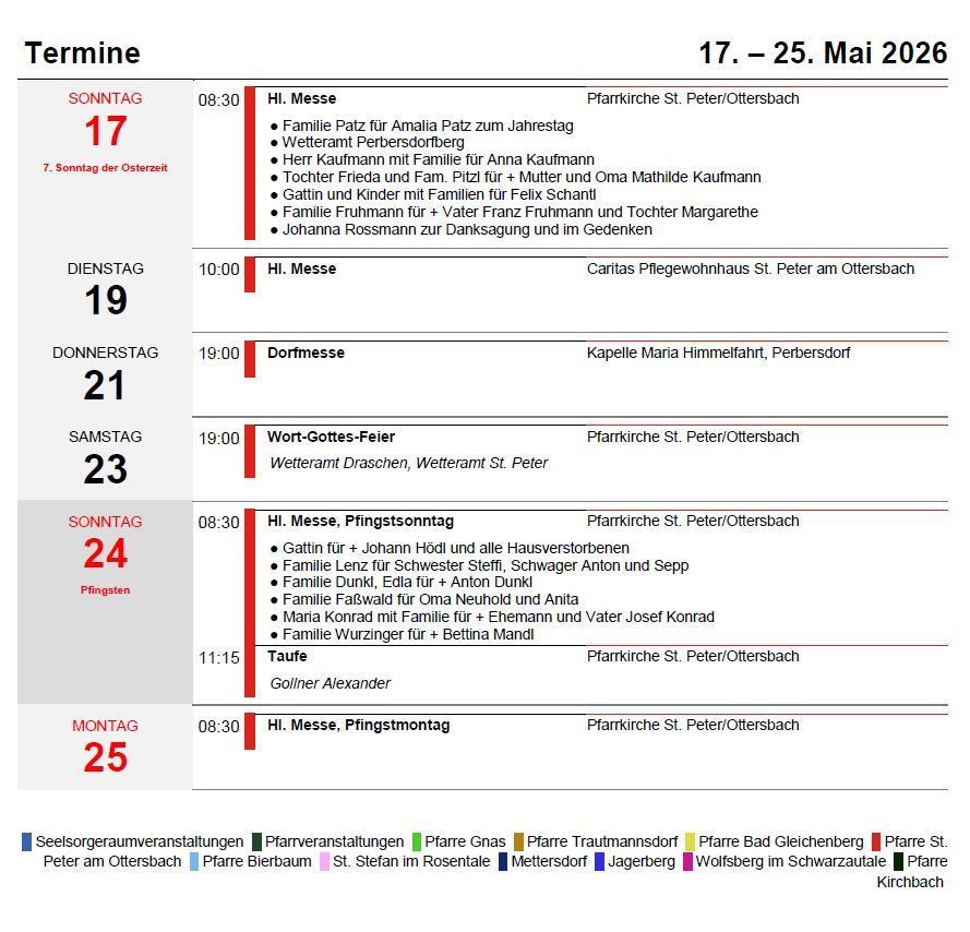 Wochenplan vom 17. bis 25. Mai 2026 mit verschiedenen Sonntags-, Montags-, Dienstags-, Mittwochs-, Donnerstags-, Freitags- und Samstagsmessen und Taufen mit spezifischen Familiennamen und Orten.