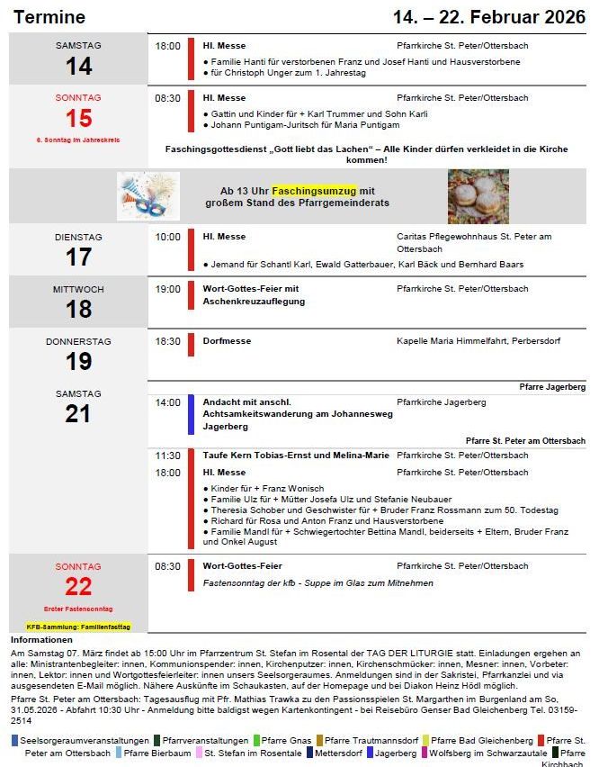Wöchentlicher Kirchenplan auf einem Tisch mit verschiedenen Daten und Zeiten für verschiedene Veranstaltungen, einschließlich Familienmessen, Kindermessen und Festen. Veranstaltungen sind mit Namen der Kirchen und zusätzlichen Notizen aufgeführt.