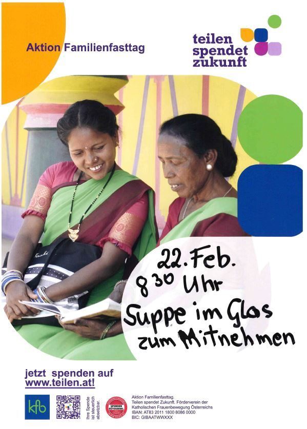 Zwei Frauen sitzen auf einer Bank und lächeln, eine liest ein Buch. Der Hintergrund zeigt leuchtende Farben und Muster. Der Text lautet 'Aktion Familienfasttag, 22. Feb. 8:30 Uhr, Suppe im Glas zum Mitnehmen.' Er ermutigt zu Spenden.