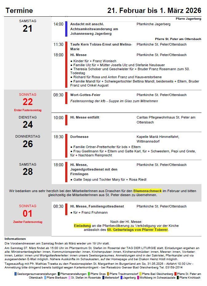 Ein Kirchenplan für verschiedene Tage, einschließlich Sonntag, 22. März, mit Gottesdienstzeiten, Familienmessen und Veranstaltungen wie 'Wort-Gottes-Feier' und 'Einladung' zu unterschiedlichen Zeiten und Orten.