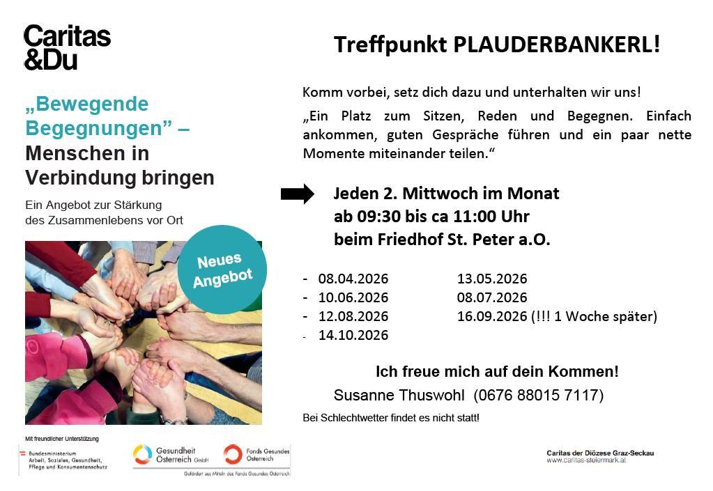 Das Bild zeigt eine Ankündigung für einen Treffpunkt. Es lädt zur Teilnahme und zum Austausch an einem bestimmten Ort ein. Termine und Zeiten sind angegeben, ebenso wie Kontaktinformationen.