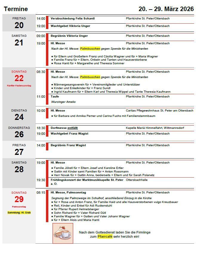 Zeitplan der Gottesdienste vom Freitag, 20. bis Sonntag, 29. Beinhaltet Hochmesse, Taufen und andere Veranstaltungen. Orte sind Pfarrkirche St. Peter/Ottersbach. Spenden sind erwünscht.
