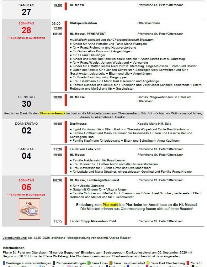 Zeitplan der Sonntagsmessen mit Familienkommunion, Familienmesse und Familienpatengebete. Messe am Nachmittag um 10:00. Sonntage am 5. Mai und 2. Juni haben Familienpatengebete um 8:30. Ein Familienpatengebet findet am 14. Juli statt.