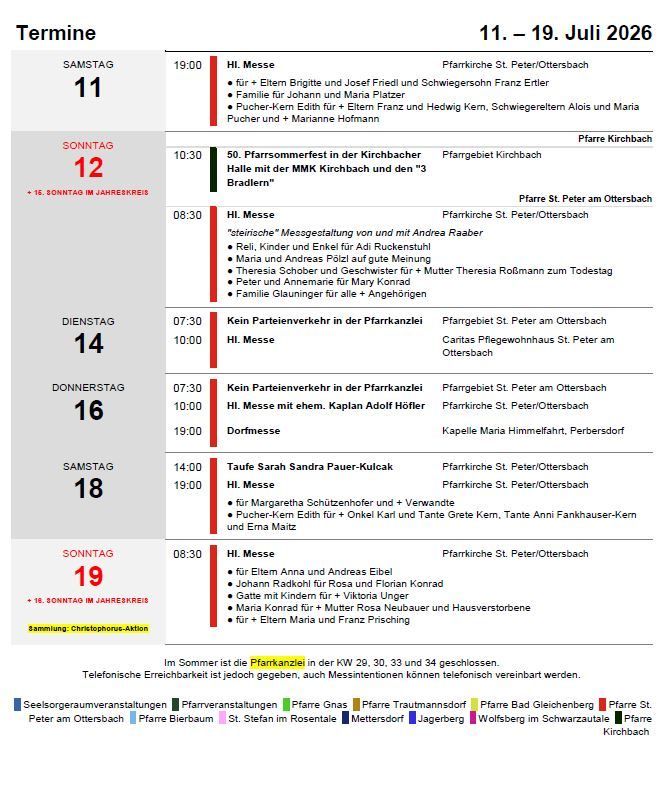 A schedule for church services and events from July 11 to July 19, 2026, including details on locations, times, and special occasions.