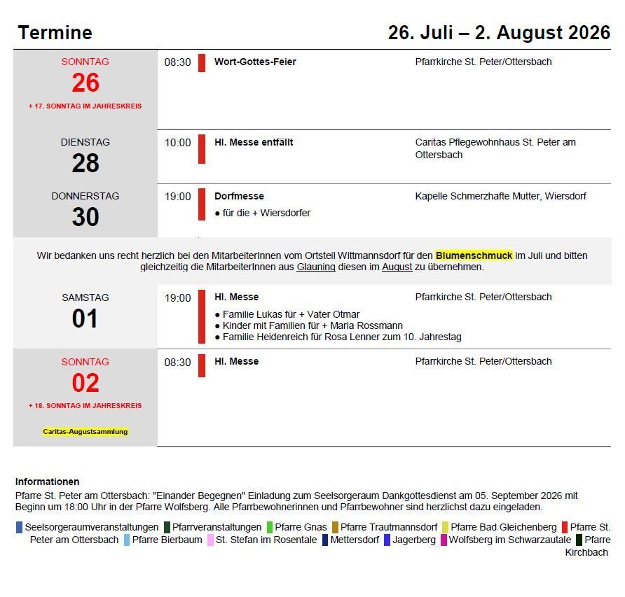 Ein Zeitplan für Gottesdienste vom 26. Juli bis 2. August 2026 enthält Details wie Zeiten, Orte und besondere Veranstaltungen wie Blumenschmuck und Familienmessen.