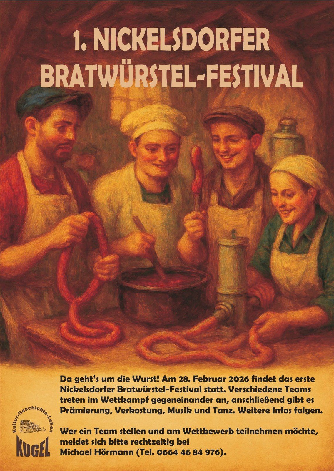 Das Bild zeigt ein Plakat für das Bratwurst-Festival mit fünf Personen, die in Schürzen gekleidet sind und Würste zubereiten und handhaben. Der Text lautet: 'Es geht um die Wurst!' Die Veranstaltung findet am 28. Februar 2026 statt. Verschiedene Teams treten im Wettbewerb gegeneinander an, danach gibt es eine Veranstaltung.