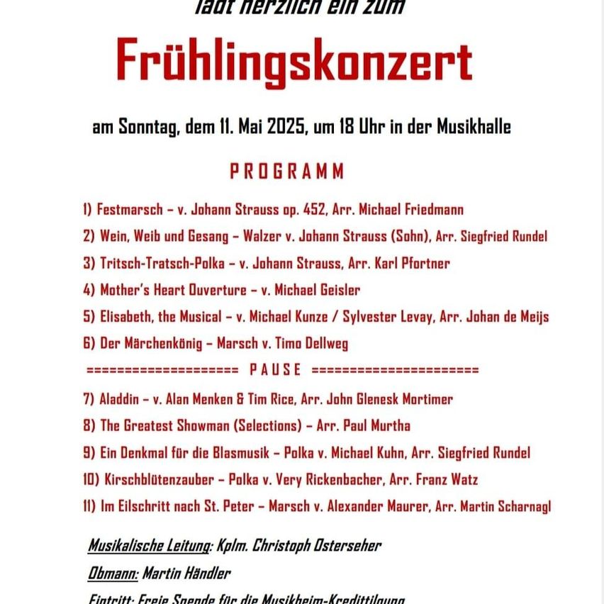 Plakat für ein Frühlingskonzert mit einem Programm und musikalischer Leitung von Kapellmeister Christoph Osterseher. Der Dirigent ist Martin Handler.