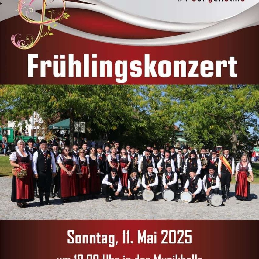 Ein Werbebild für ein Frühlingskonzert, das eine Band in traditioneller Kleidung mit Musikinstrumenten zeigt, vor dem Hintergrund eines Parks mit Menschen und Zelten. Datum: Sonntag, 11. Mai 2025.