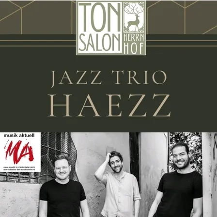 Werbeplakat für Jazz Trio Haezz mit drei Musikern. Tobias Vedovelii am Kontrabass, Stepan Flagar am Tenorsaxophon und Martin Eberle auf der Trompete. Die Aufführung ist am 6. Juni 2026 um 19:00 Uhr.