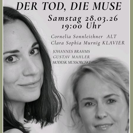 Schwarz-Weiß-Porträt zweier Frauen, eine singt und die andere spielt Klavier, mit Text, der eine Aufführung um 19:00 Uhr erwähnt.