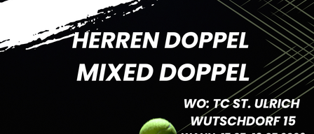Tennis-Open-Veranstaltungsplakat. Kategorien Herren Doppel und Mixed Doppel. Ort: Tennis Club St. Ulrich, Wutschdorf 15. Termine: 17.-19.07.2026. Altersgruppe: 12+ pro Paarung.