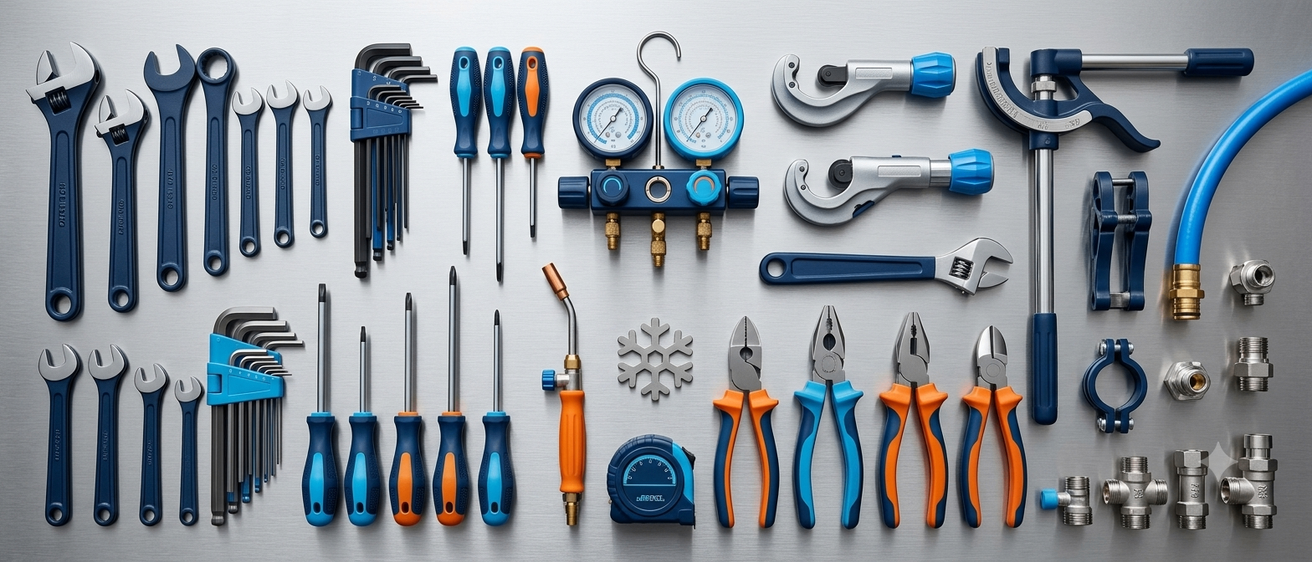 Eine Sammlung verschiedener blauer und orangefarbener Werkzeuge, einschließlich Schraubenschlüssel, Zangen und Messgeräte, auf einer metallischen Oberfläche.