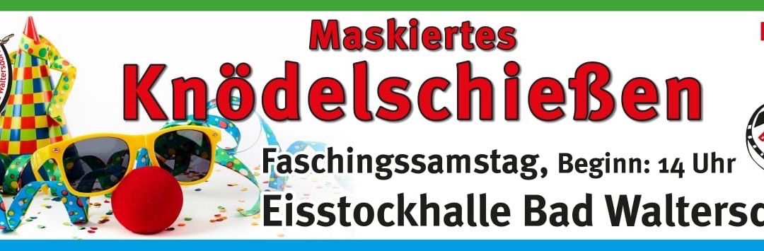 Werbeplakat für eine maskierte Karnevalsveranstaltung mit roter Nase und gelben Gläsern auf farbenfrohem Hintergrund. Es steht 'Maskierter Ball' in fetten roten Buchstaben.