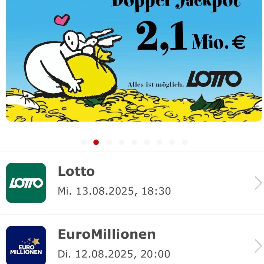 Eine Werbung für eine Lotterie mit einem Jackpot von 2,1 Millionen Euro. Das Poster zeigt eine Comicfigur, die einen Geldsack hält. Unten befindet sich ein Lotto-Logo mit dem Datum und der Uhrzeit der nächsten Ziehung, 13.08.2025, 18:30 Uhr.