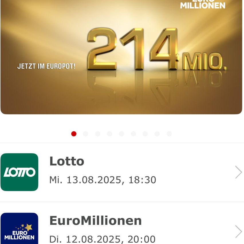 Goldener Hintergrund mit '214 Mio.' in Gold. Darunter steht 'JETZT IM EUROPOT!' in Weiß. Darunter befinden sich 'Lotto' und 'EuroMillionen' mit Logos, Daten und Zeiten.