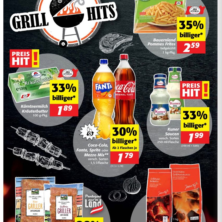 Die Werbung zeigt Rabatte auf verschiedene Lebensmittel. Es hebt eine 35%ige Reduzierung auf bayerische Pommes frites bei 2,59 pro Kilogramm hervor. Weitere Rabatte umfassen 33% auf Kräuterbutter, 30% auf Fanta, Coca-Cola oder Mezza Mix und 33% auf Kuner Saucen. Zusätzliche Ersparnisse gibt es beim Kauf von zwei Flaschen Limonade.