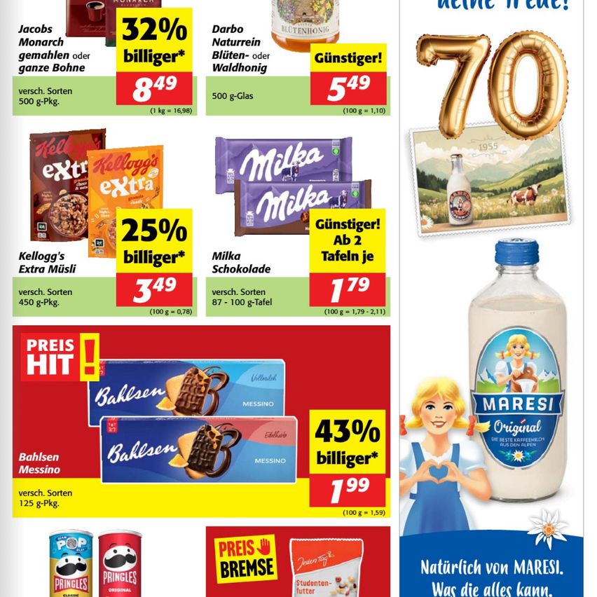 Das Bild zeigt verschiedene Produkte mit Rabatten und Werbeangeboten. Es umfasst Cerealien, Schokoladen, Milch und Snacks. Bemerkenswerte Rabatte sind 32% auf Jacobs Kaffee, 25% auf Kellogg's Extra Müsli und 43% auf Bahlsen Messino. Es zeigt auch einen goldenen Luftballon zur Feier von 70 Jahren.