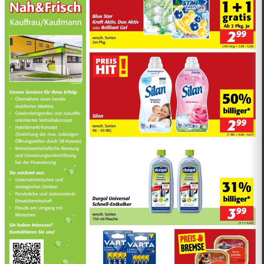Werbeflyer für Nah&Frisch Kauffrau/Kaufmann mit verschiedenen Produkten. Angebote umfassen Blue Star Kraft Aktiv, Silan Waschmittel und Durgol Universal Schnell-Entkalker. Sonderangebote mit Gratisartikeln und Rabatten auf bestimmte Produkte. QR-Code für Kontakt.
