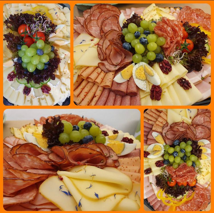 A collage of four images showcasing a charcuterie board. Each image features different combinations of cheeses, cured meats, grapes, blueberries, eggs, and salad greens.