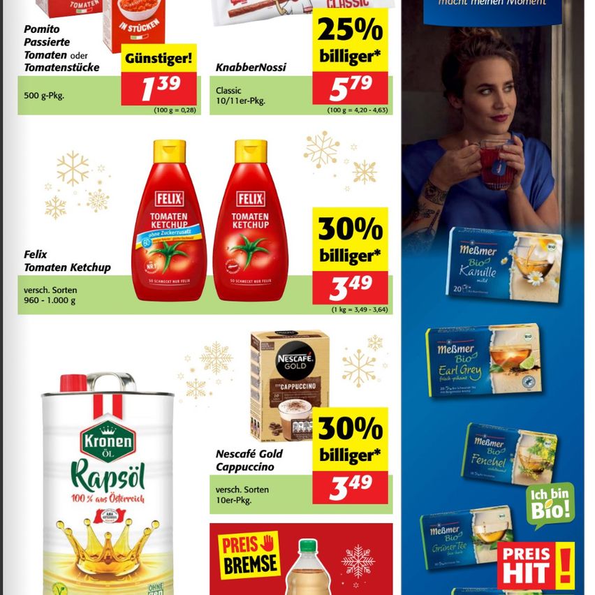 Werbung für verschiedene Produkte, einschließlich Felix Tomaten Ketchup, Nescafe Gold Cappuccino und Kronen Öl. Preise und Rabatte sind für jedes Produkt aufgeführt.