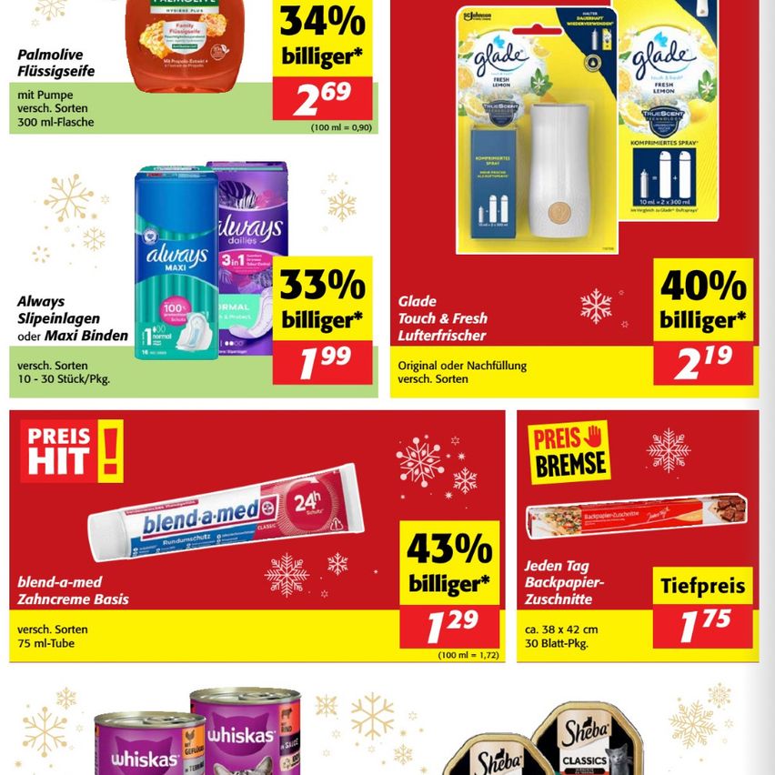 Aktionsartikel im Angebot: Palmolive Flüssigspülmittel, Always Maxi Damenbinden, Glade Touch & Fresh Lufterfrischer, blend-a-med Zahncreme, und Sheba Katzenfutter. Sonderangebote beinhalten 34%, 33%, 40%, 43% und 175% Rabatt.