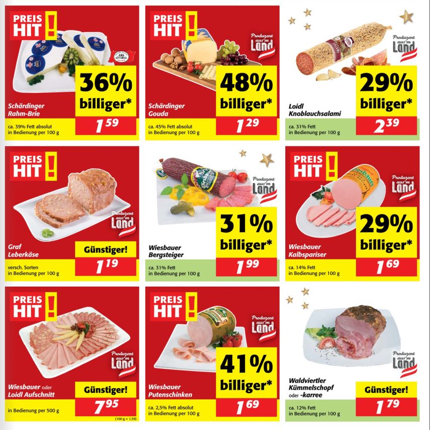 Ein Flugblatt mit verschiedenen Produkten und Preisnachlässen. Artikel umfassen Schärdinger Rahm-Brie, Schärdinger Gouda, Loidl Knoblauchsalami, Graf Leberkäse, Wiesbauer Bergsteiger, Wiesbauer Kalbspariser, Wiesbauer oder Loidl Aufschnitt und Wiesbauer Putenschinken. Die Rabatte reichen von 31% bis 48%. Die Preise für jeden Artikel sind aufgeführt.