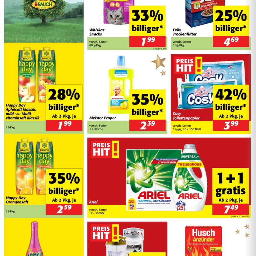 Werbung für eine Vielzahl von Produkten, darunter Happy Day Säfte, Meister Proper Spülmittel, Ariel Waschmittel und Husch Räucherstäbchen. Jedes Produkt verfügt über ein Rabattschild mit Prozentsätzen und Preissenkungen.