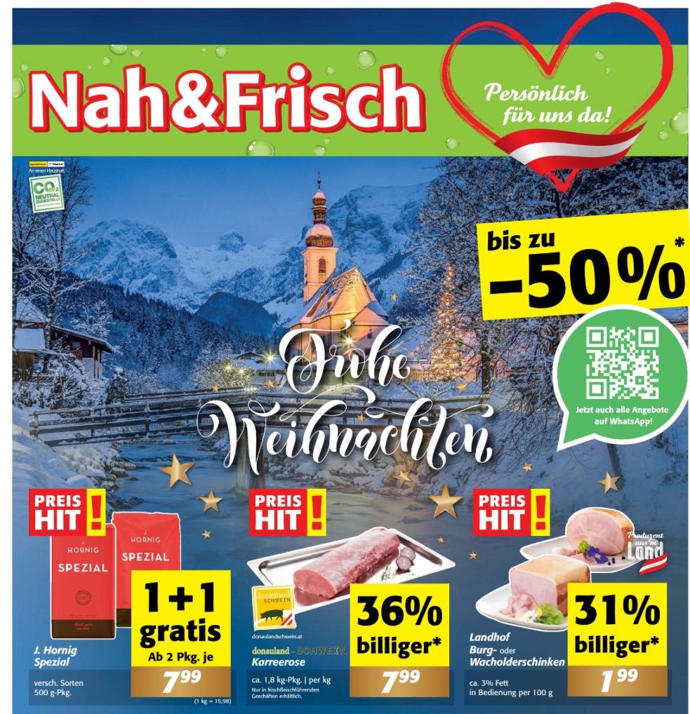 Werbeflyer für Nah&Frisch mit Winterbergen und einer Kirche im Hintergrund. Angebote umfassen 50% Rabatt und 1+1 Gratis-Angebote. Produkte wie J. Hornig Spezial und Schweinefleisch werden hervorgehoben. Scanbarer QR-Code und WhatsApp-Link für weitere Informationen.