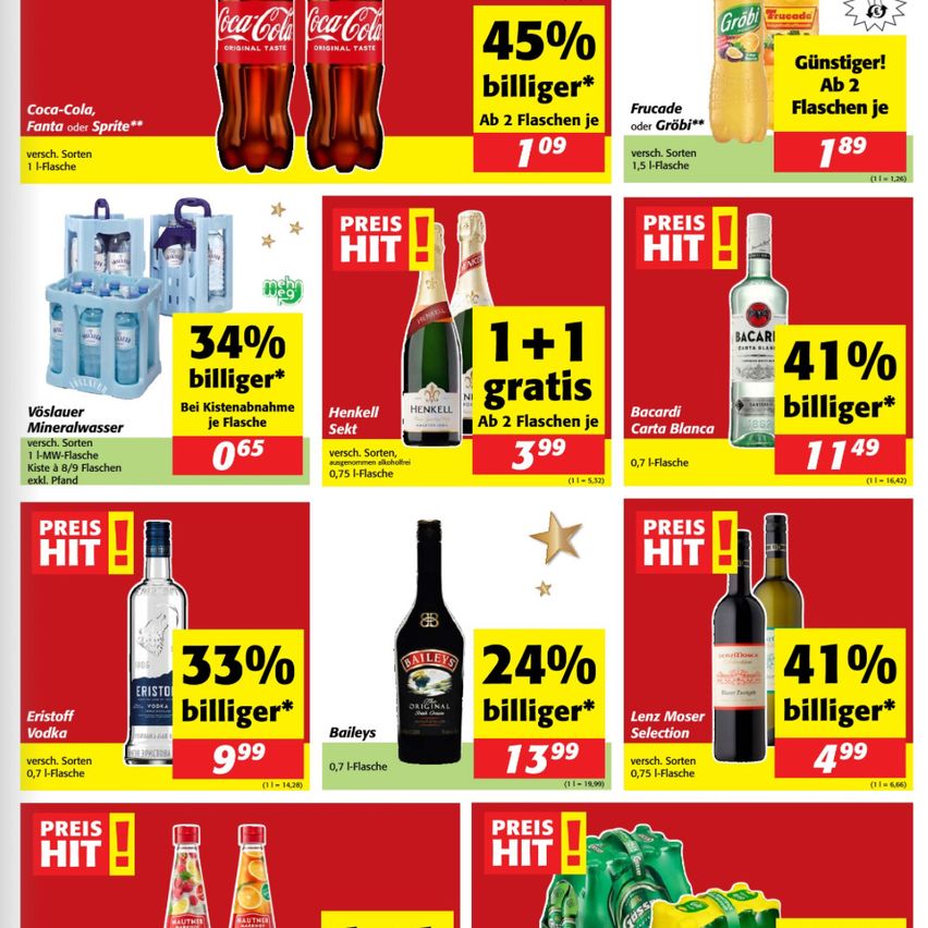 Werbeflyer mit verschiedenen Getränkeangeboten. Coca-Cola, Fanta oder Sprite Flaschen mit 45% Rabatt. Mineralwasserflaschen mit 34% Rabatt. Heineken Bierflaschen mit 1+1 gratis. Bacardi Carta Blanca mit 41% Rabatt. Eristoff Vodka mit 33% Rabatt. Baileys mit 24% Rabatt. Lenz Moser Selection Wein mit 41% Rabatt.