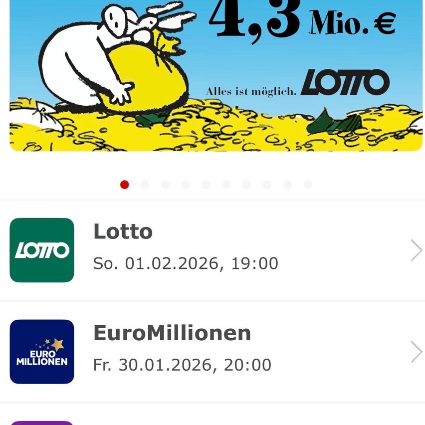 Ein Bild, das eine Lotterie-Werbung mit einer Karikatur eines Mannes zeigt, der einen Beutel mit Geld in der Hand hält, der Text lautet '4,3 Mio. €'. Unter dem Bild gibt es zwei Details zu Lotterie-Veranstaltungen: Lotto am Samstag, 01.02.2026, 19:00 und EuroMillions am Freitag, 30.01.2026, 20:00.