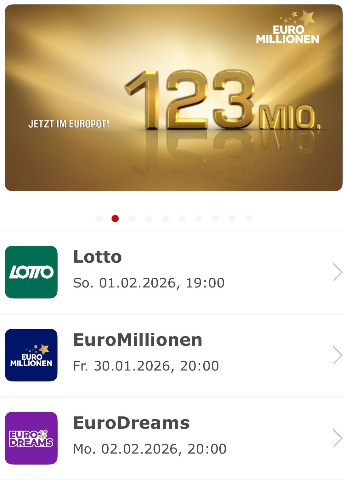 Eine Werbung für ein Lotteriespiel mit der goldenen Nummer 123 Millionen. Unten befinden sich zwei Logos für Lotto und EuroMillionen mit ihren jeweiligen Daten und Zeiten.