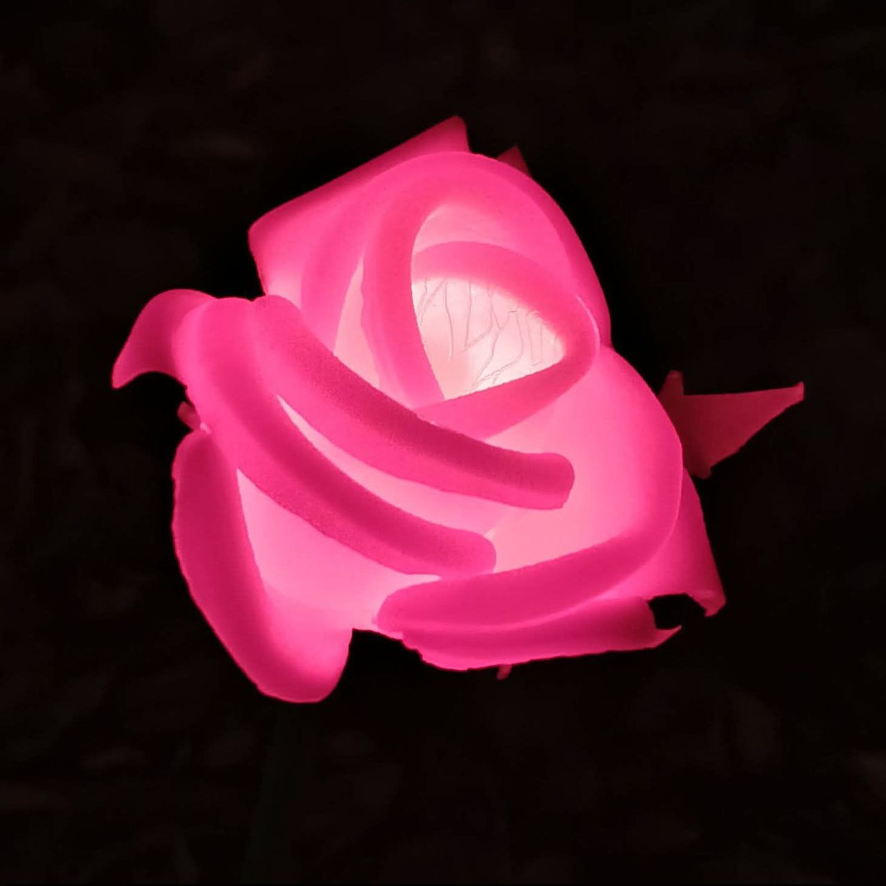 A pink LED rose light shines brightly against a dark background, its petals glowing with a soft, diffused light. The flower is fully opened, revealing a bright center.