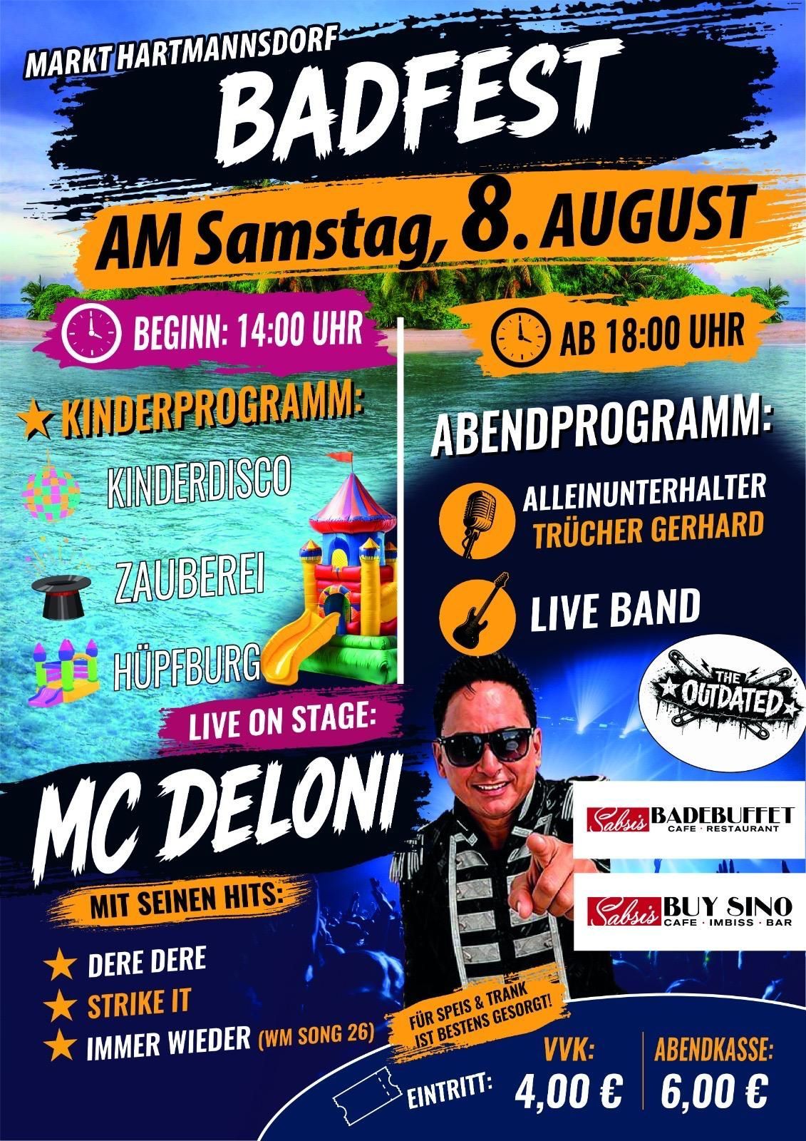 A poster advertising an event on Saturday, August 8th, featuring MC Deloni, a live band, and various activities like a children's disco and magic show. The event starts at 2 PM and ends at 6 PM.