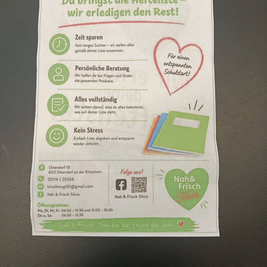A flyer for a local store offering personal consultation, stress-free shopping, and a promise to have everything on your list. It includes contact information and operating hours.