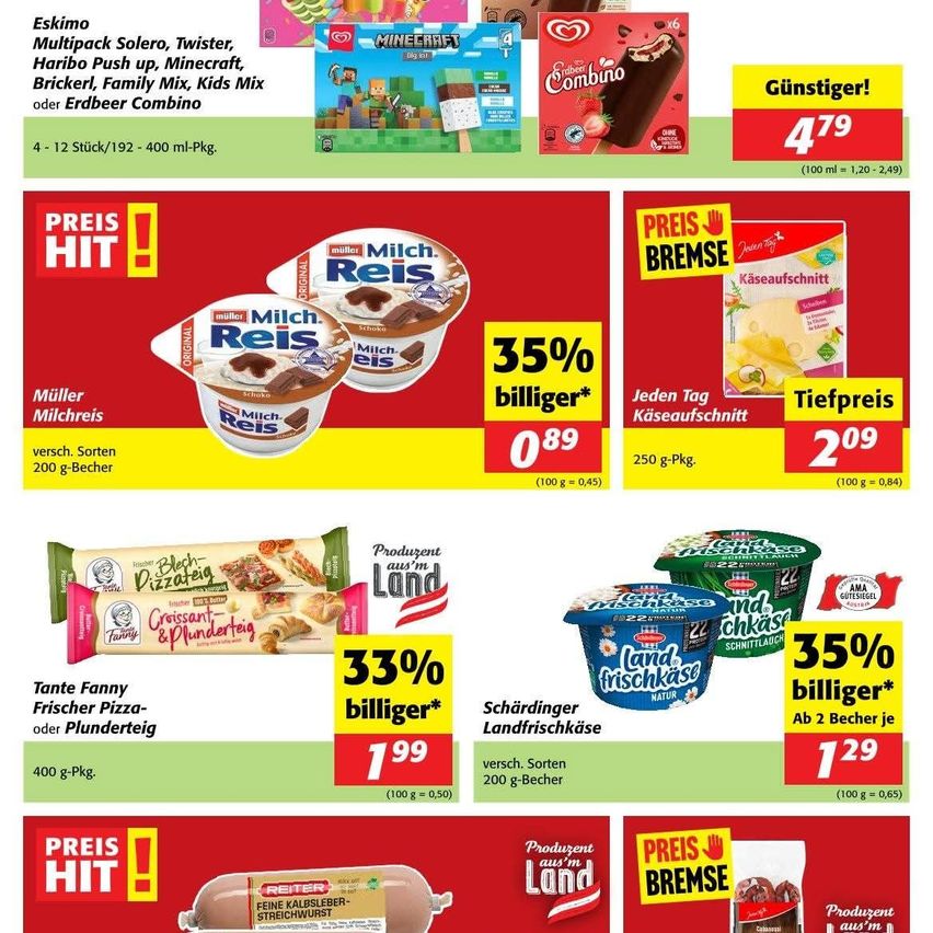 Ein Werbeflyer für verschiedene Lebensmittel, einschließlich Eis, Milchreis und Käse. Der Flyer zeigt Preisnachlässe und Produktbeschreibungen.