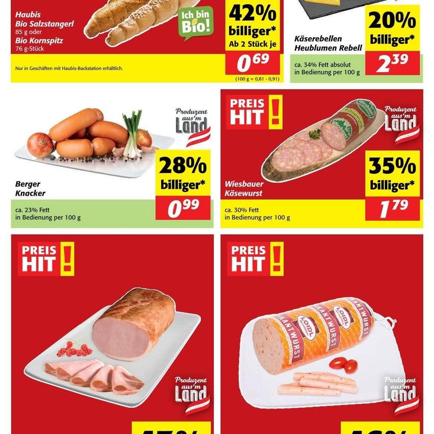 Ein Werbeplakat für verschiedene Fleischprodukte mit Preisreduktionen. Es zeigt geschnittenen Schinken, Würste und Käse mit Preisschildern und Prozentrabatten. Das Plakat ist in vier Abschnitte unterteilt, die jeweils ein anderes Produkt hervorheben.