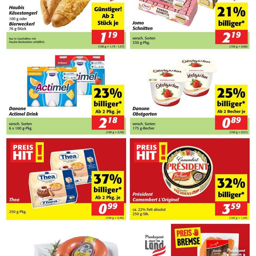 Ein Flyer zeigt reduzierte Backwaren, Joghurts und Käse. Es werden Brot, Joghurts und Käse mit Preissenkungen und Angeboten vorgestellt. Thea-Produkte haben einen 37%igen Rabatt und President-Käse hat einen 32%igen Rabatt.