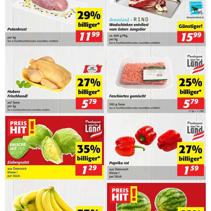 Eine Werbung für verschiedene Fleisch- und Gemüseprodukte mit Preisreduktionen. Produkte umfassen Putenbrust, Hähnchen, Hackfleisch, Kohl, rote Paprika, Eisbergsalat, Bananen und Wassermelonen. Rabatte reichen von 25% bis 35%. Preise sind pro kg oder pro Stück.