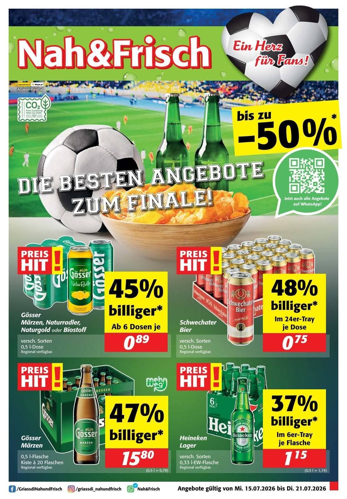 An advertisement for a supermarket sale featuring a soccer ball, chips, and beer. The ad highlights discounts up to 50% on various products.