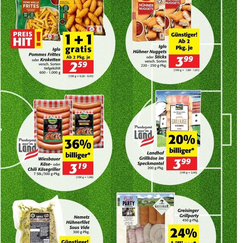 A flyer with various food products on a green background. It features discounts on items like chicken nuggets, sausages, and cheese. The products are arranged in a grid with price tags and percentage discounts.