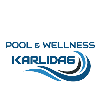 Das Logo für Pool & Wellness Karlidag ist abgebildet. Es zeigt blaue und weiße Farben mit einem Wellendesign.