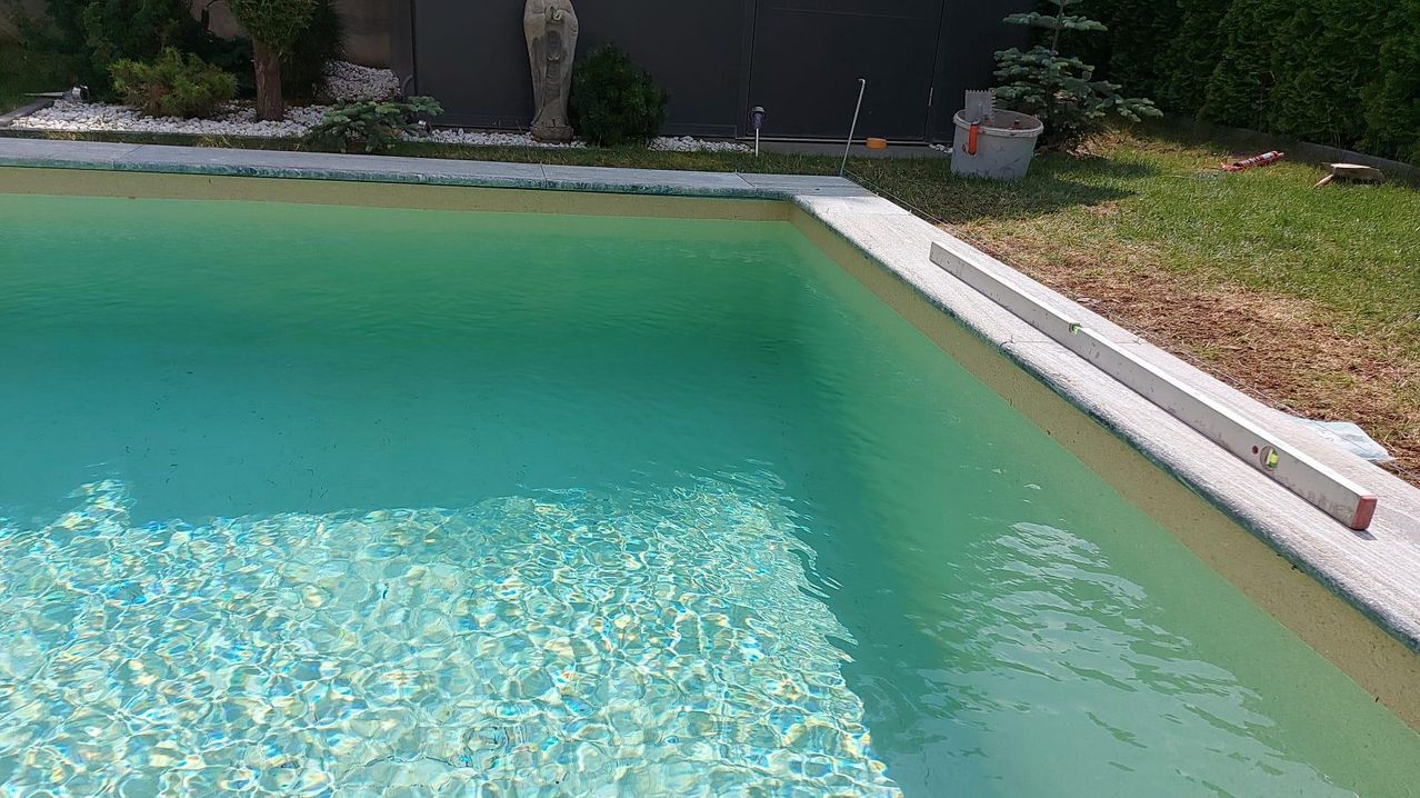 Ein großer Swimmingpool gefüllt mit klarem Wasser, umgeben von einem Betonrand. Eine Statue und Pflanzen sind in der Nähe des Pools.