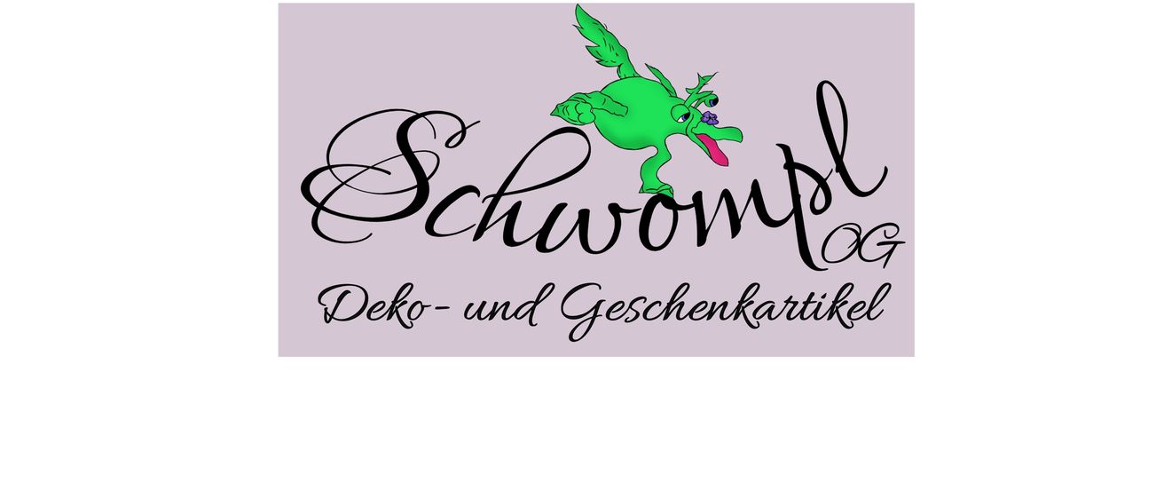 Ein lila Logo mit einem grünen Frosch und den Texten 'Schwompl OG' und 'Deko- und Geschenkartikel'.