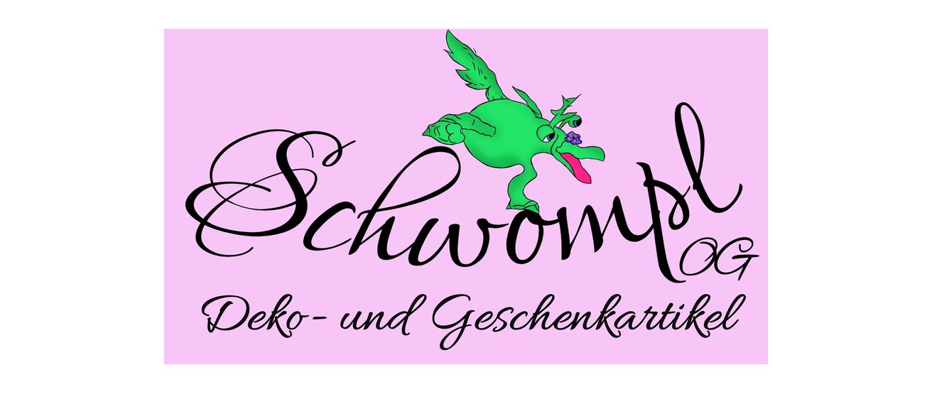 Ein Logo für Schwompl mit einem grünen Frosch und einer violetten Zunge. Der Text lautet Schwompl OG Deko- und Geschenkartikel.