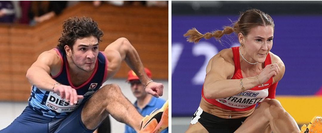 Ein männlicher Athlet springt bei einer Leichtathletikveranstaltung. Ein weiteres Bild zeigt eine Athletin beim Rennen.