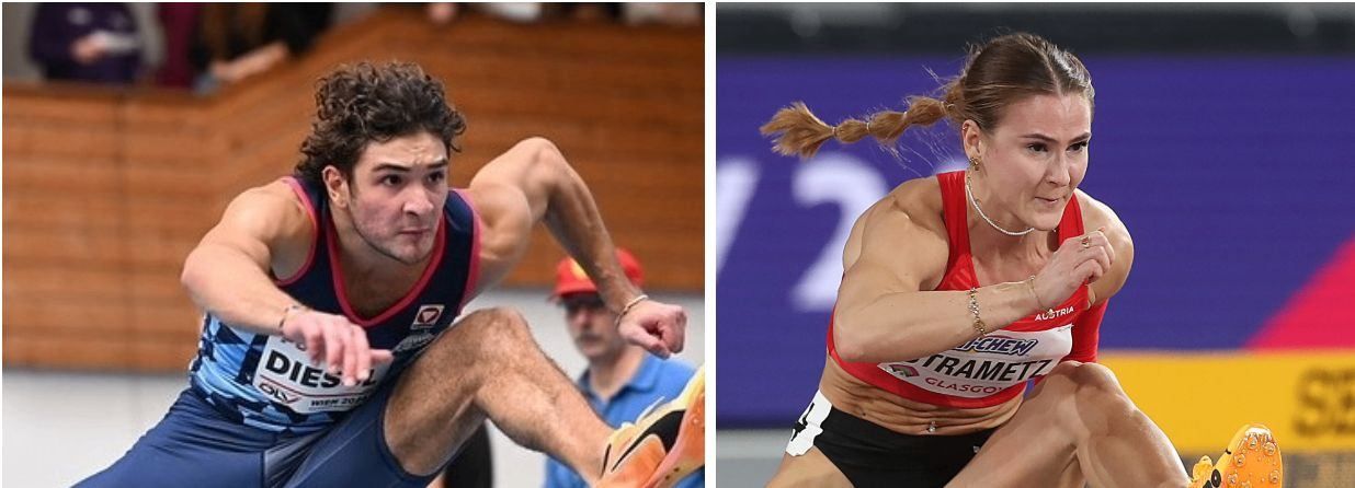 Zwei Athleten, ein Mann und eine Frau, sind in einer dynamischen Aktionspose abgebildet. Der männliche Athlet springt in der Luft, während die weibliche Athletin sprintet. Beide Athleten tragen Sportkleidung.