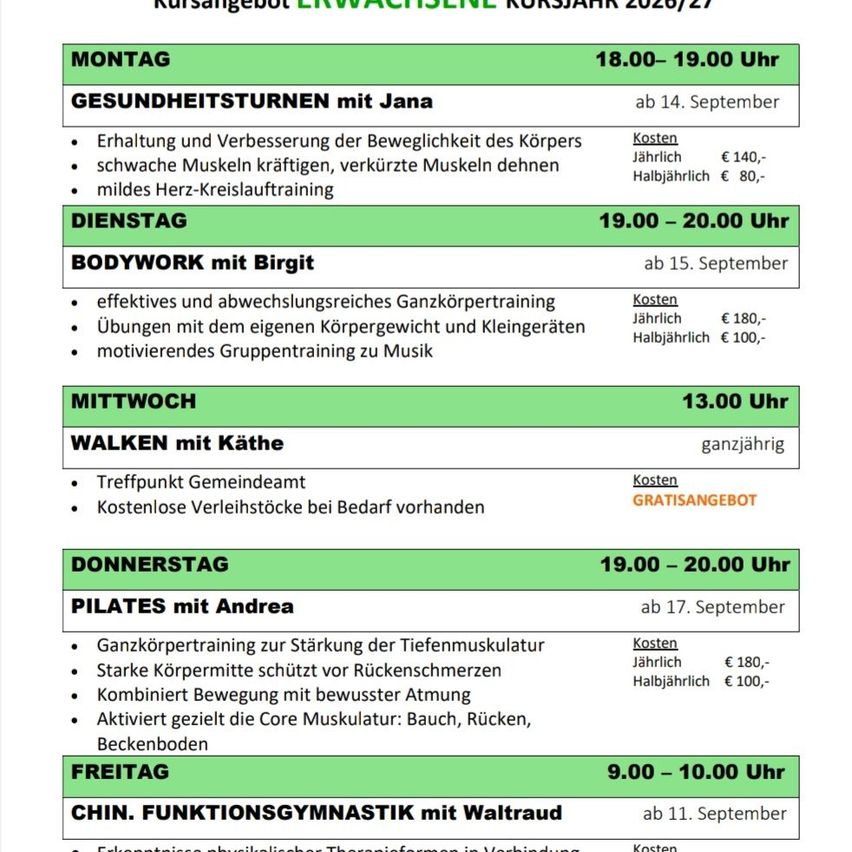 Wöchentlicher Zeitplan für Erwachsenen-Fitnesskurse im Jahr 2026/27. Montag: Gesundheitskurse mit Jana, Dienstag: Bodywork mit Birgit, Mittwoch: Spaziergänge mit Käthe, Donnerstag: Pilates mit Andrea, Freitag: Chinesische Funktionelle Gymnastik mit Waltraud. Jeder Kurs hat spezifische Zeiten, Kosten und Altersanforderungen.