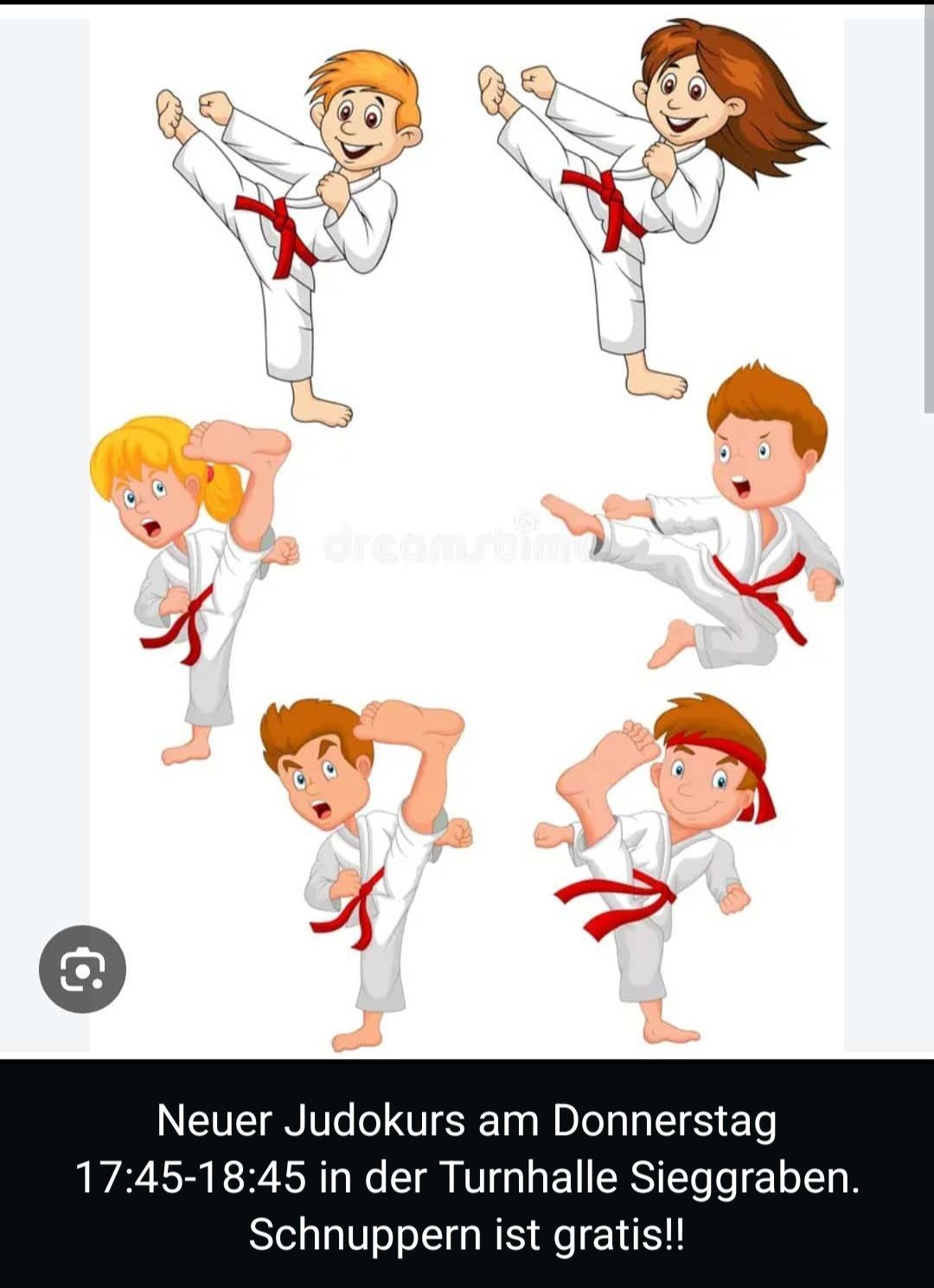 Illustration von fünf Kindern in Karate-Uniformen, die verschiedene Kampfkunstposen ausführen.