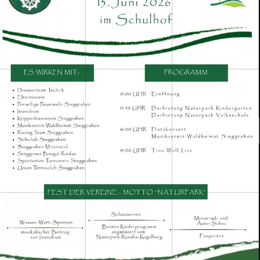 Veranstaltungsflyer für den 3. Juni 2026 mit Aktivitäten, Organisationen und einem Zeitplan. Die Veranstaltung umfasst eine Eröffnung, Präsentationen, Konzerte und sportliche Aktivitäten. Es wird von verschiedenen Gruppen in Sieggraben organisiert.