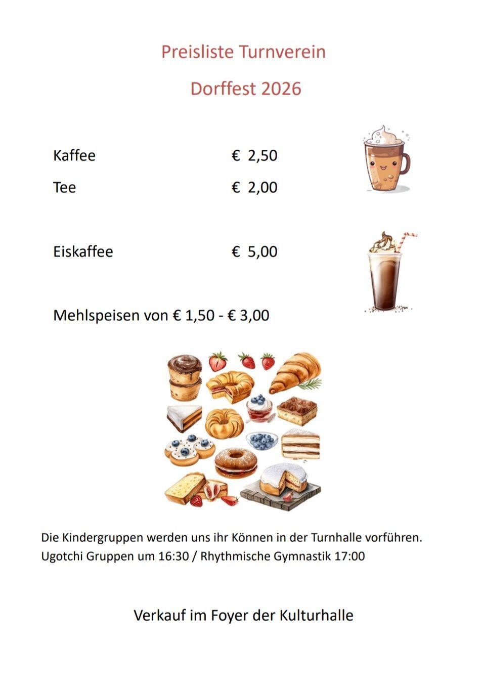 Ein Menü bietet Kaffee für 2,50 Euro, Tee für 2,00 Euro und Eiskaffee für 5,00 Euro an. Die Preise für Mehlspeisen liegen zwischen 1,50 und 3,00 Euro. Das Bild zeigt verschiedene Gebäcke. Kindergruppen treffen sich in der Turnhalle um 16:30 Uhr und Rhythmische Gymnastik um 17:00 Uhr.